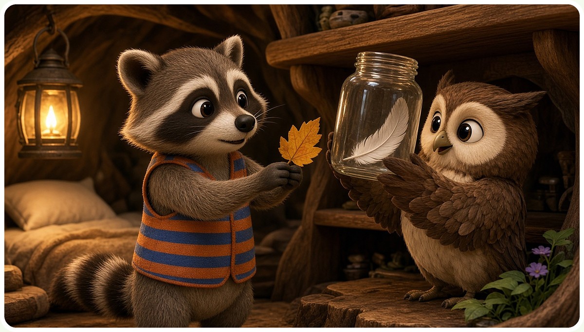 Rascal holds a tiny painted leaf while Luna holds up the memory jar with a feather inside