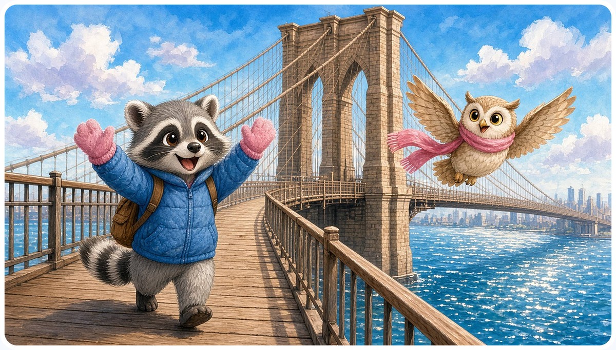 Rascal in his blue jacket waves on the Brooklyn Bridge while Luna flies beside him in her pink scarf