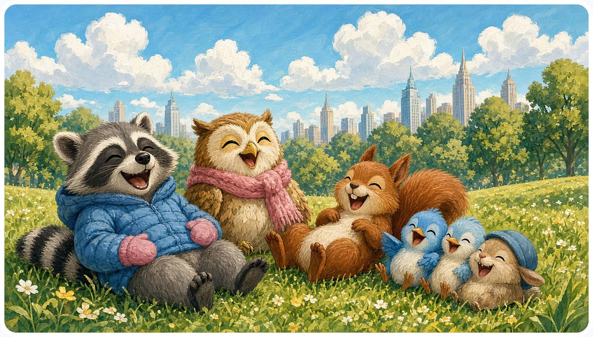 Rascal, Luna, Sparky the squirrel and the blue birds laugh together on the grass in Central Park