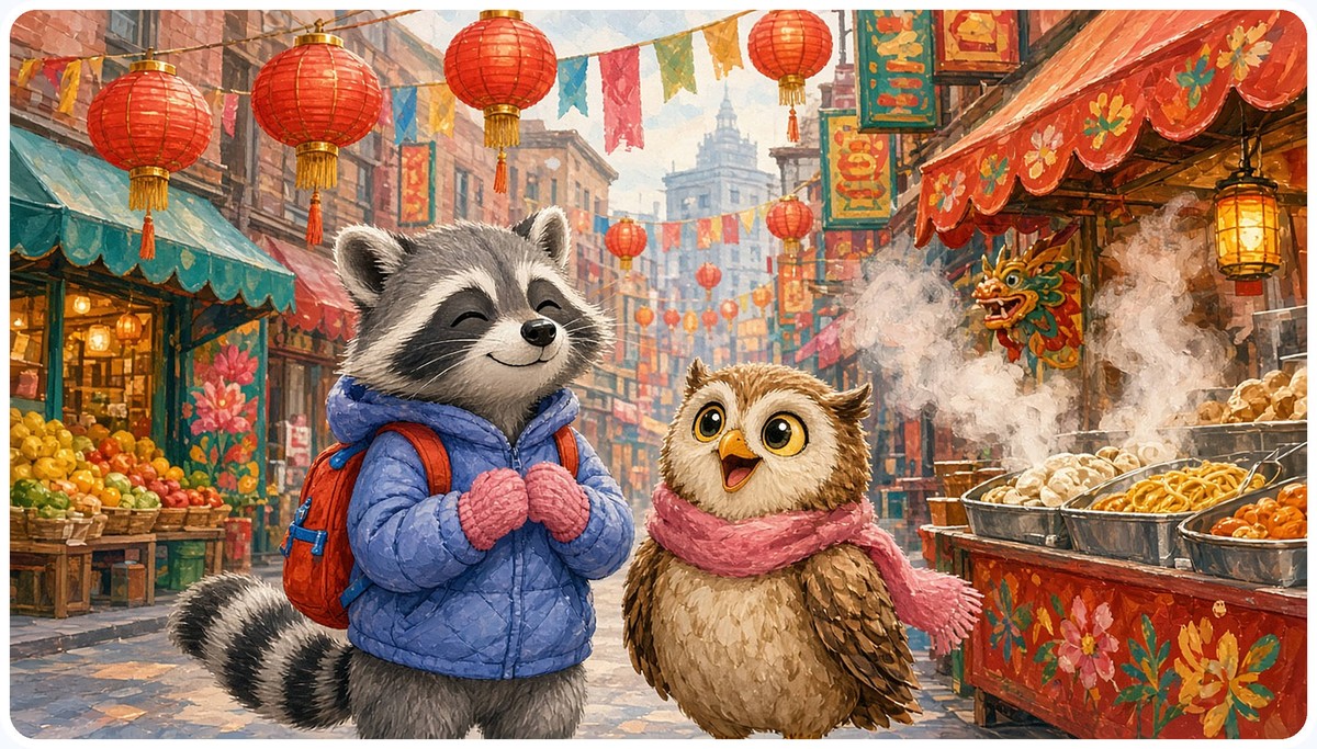 Rascal and Luna follow their noses past red lanterns and food stalls in Chinatown