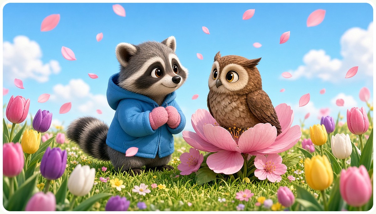 Rascal in his blue jacket and Luna the owl among blooming tulips and falling petals