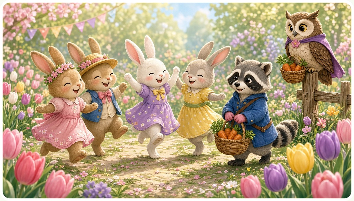 Rascal carries a basket of carrots while the bunnies dance at their tulip garden party and Luna watches from a post