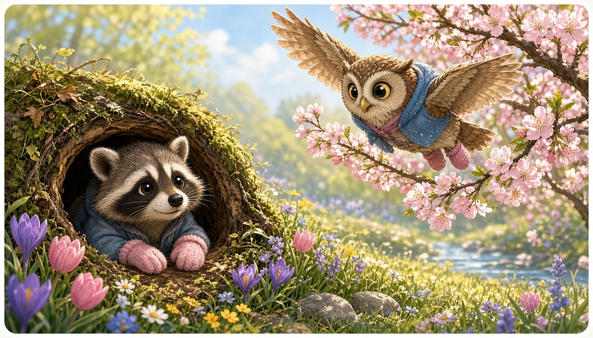 Rascal peeks out of his cozy den among spring flowers as Luna swoops down from a blossoming tree