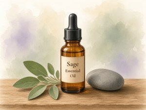 soft watercolor of a Sage Essential Oil bottle with fresh sage leaves