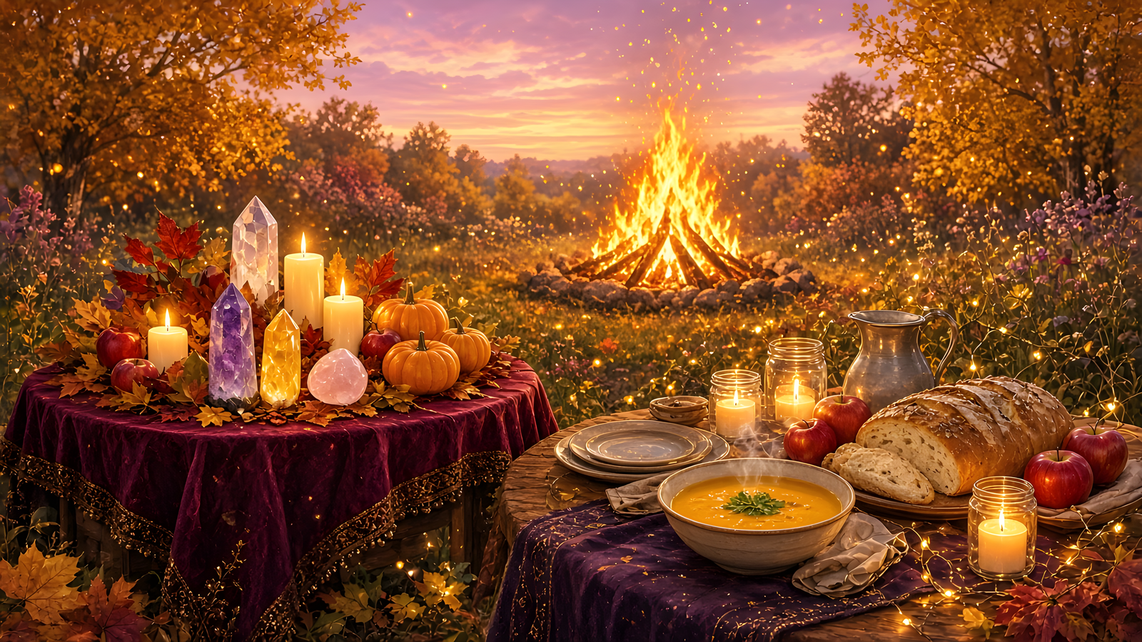 Cozy Samhain evening with a bonfire, a candlelit altar with crystals and autumn leaves, and a supper table with soup, bread and apples