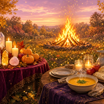 Cozy Samhain evening with a bonfire, a candlelit altar with crystals and autumn leaves, and a supper table with soup, bread and apples