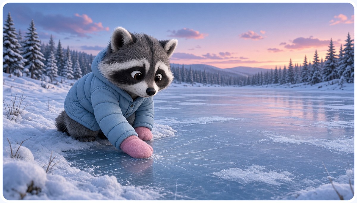 Rascal the raccoon in his blue winter jacket and pink mittens kneeling at the edge of a frozen pond at dusk