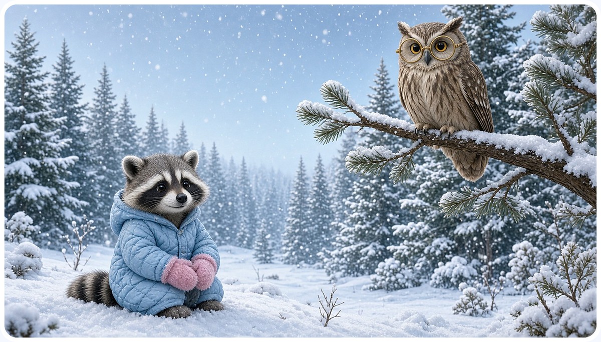 Rascal the raccoon in his blue jacket looking up at Luna the owl on a snowy pine branch