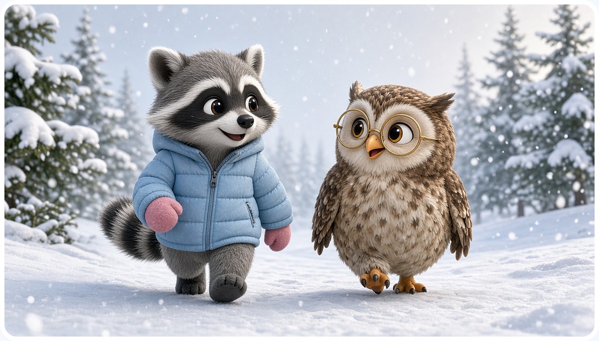 Rascal the raccoon in his blue jacket walking side by side with Luna the owl through the snowy forest