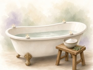 soft watercolor of a candlelit clearing bath with four tea candles
