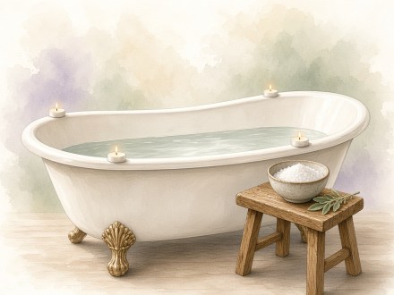 Soft watercolor of a candlelit clearing bath with four tea candles