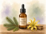 watercolor of an amber dropper bottle labeled Tree Grounding Blend with a fir sprig, cedar bark and a yellow ylang ylang flower