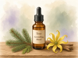 watercolor of an amber dropper bottle labeled Tree Grounding Blend with a fir sprig, cedar bark and a yellow ylang ylang flower